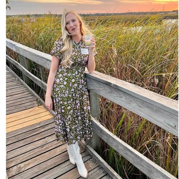 DIANE VON FURSTENBERG Green Pink Floral Blossom Crewneck Midi Dress Size 6 - Picture 1 of 14